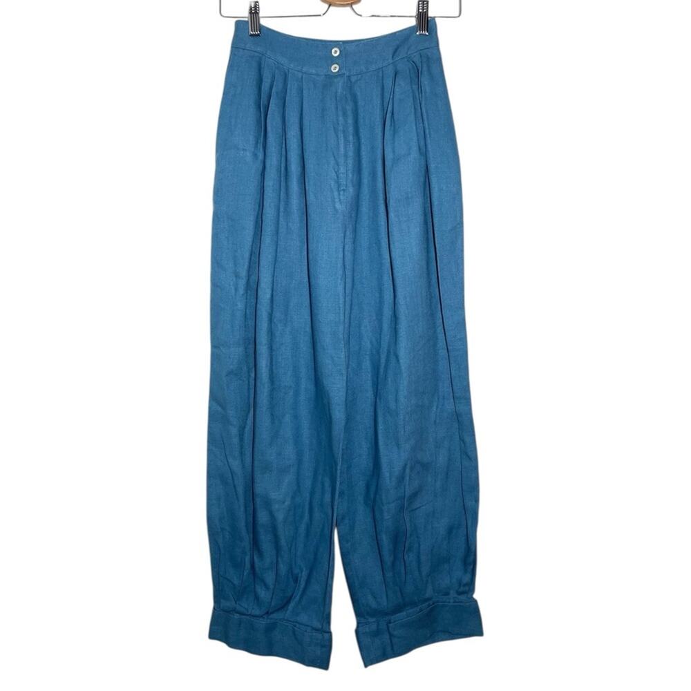 Vintage Carole Little Blue Linen High Rise Pleated Wide Leg Cuffed Trouser Pants